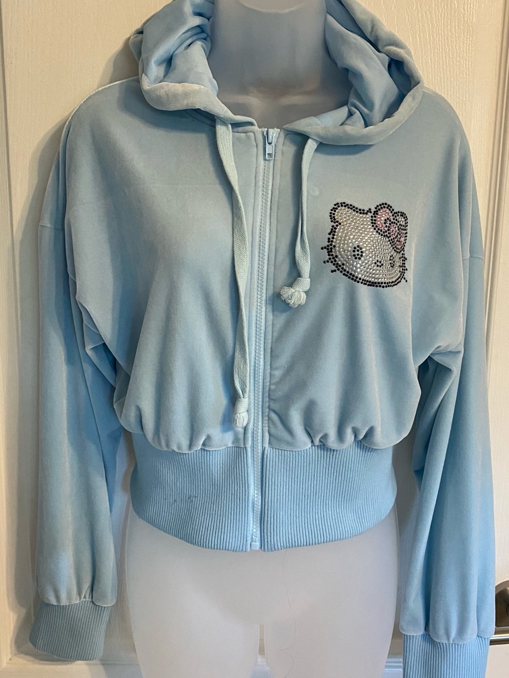 Hello Kitty Light Blue Velour Zip-Up Hoodie with Rhinestone Accent